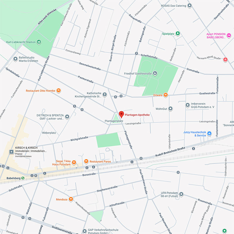 Das Bild zeigt einen Kartenausschnitt von Potsdam -Babelsberg mit dem Standort der Plantagenapotheke.