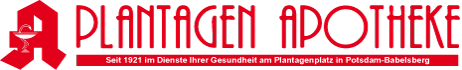 Das Bild zeigt den Schriftzug: Plantagen Apotheke - Seit 1921 im Dienste Ihrer Gesundheit am Plantagenplatz in Potsdam Babelsberg