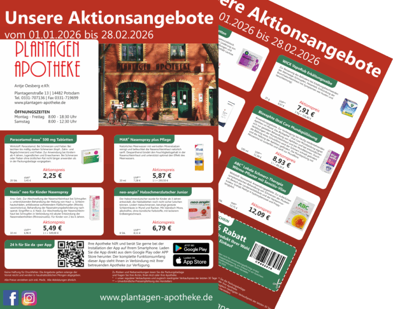 Das Bild zeigt den Apothekenaktionsflyer der Plantagen Apotheke in Potsdam für die Monate Januar und Februar 2026