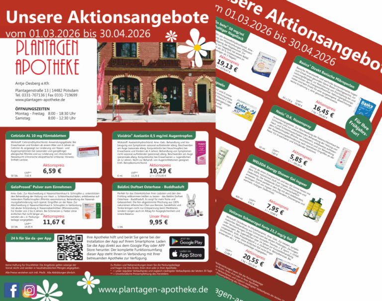 Das Bild zeigt den Apothekenaktionsflyer der Plantagen Apotheke in Potsdam für die Monate März und April 2026