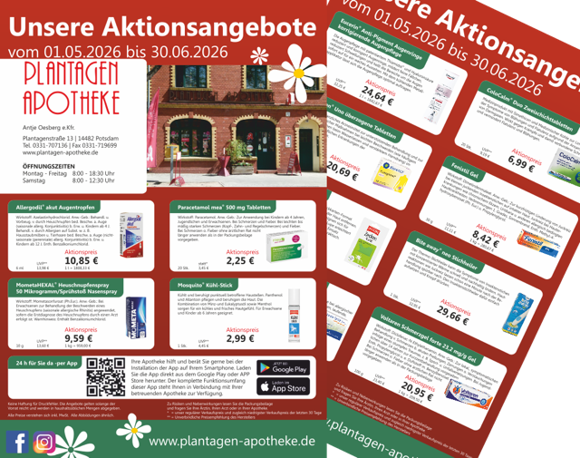 Das Bild zeigt den Apothekenaktionsflyer der Plantagen Apotheke in Potsdam für die Monate Mai und Juni 2026