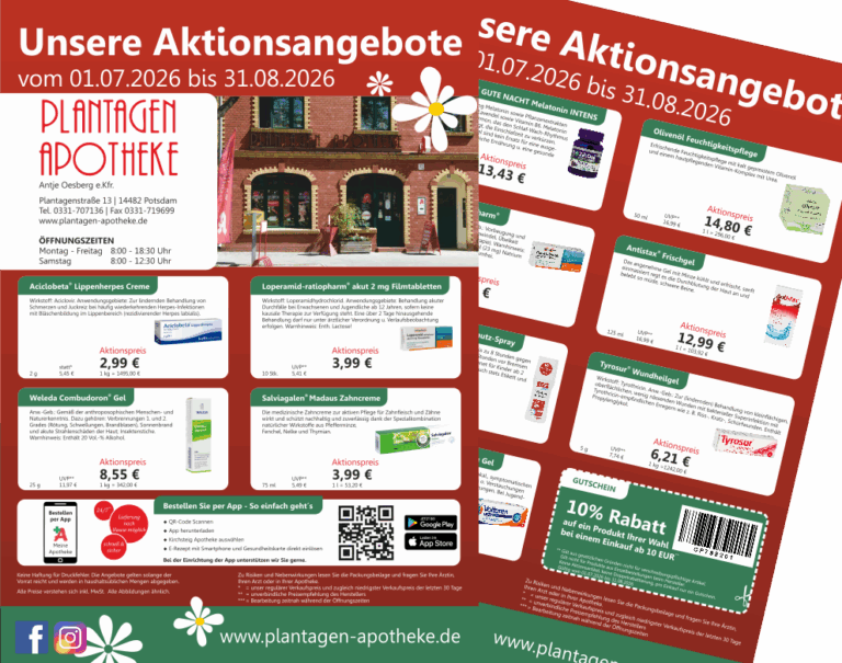 Das Bild zeigt den Apothekenaktionsflyer der Plantagen Apotheke in Potsdam für die Monate Juli und August 2026