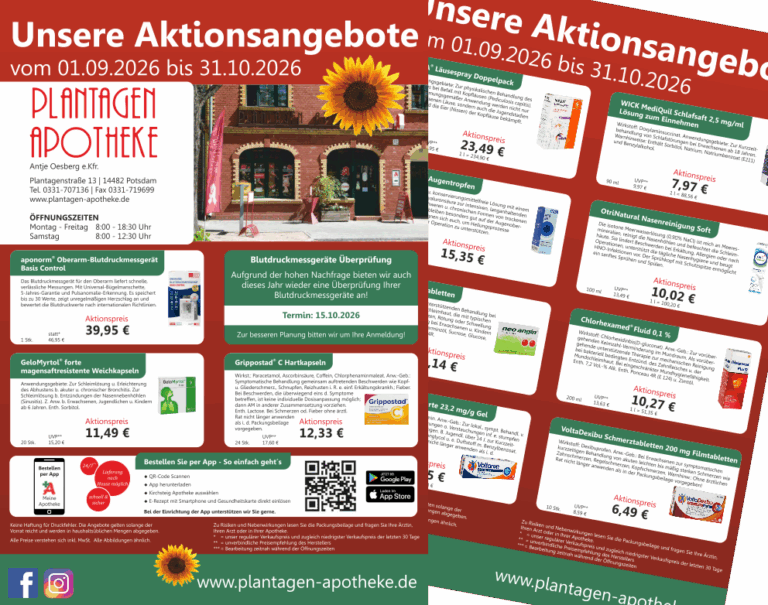 Das Bild zeigt den Apothekenaktionsflyer der Plantagen Apotheke in Potsdam für die Monate September und Oktober 2026